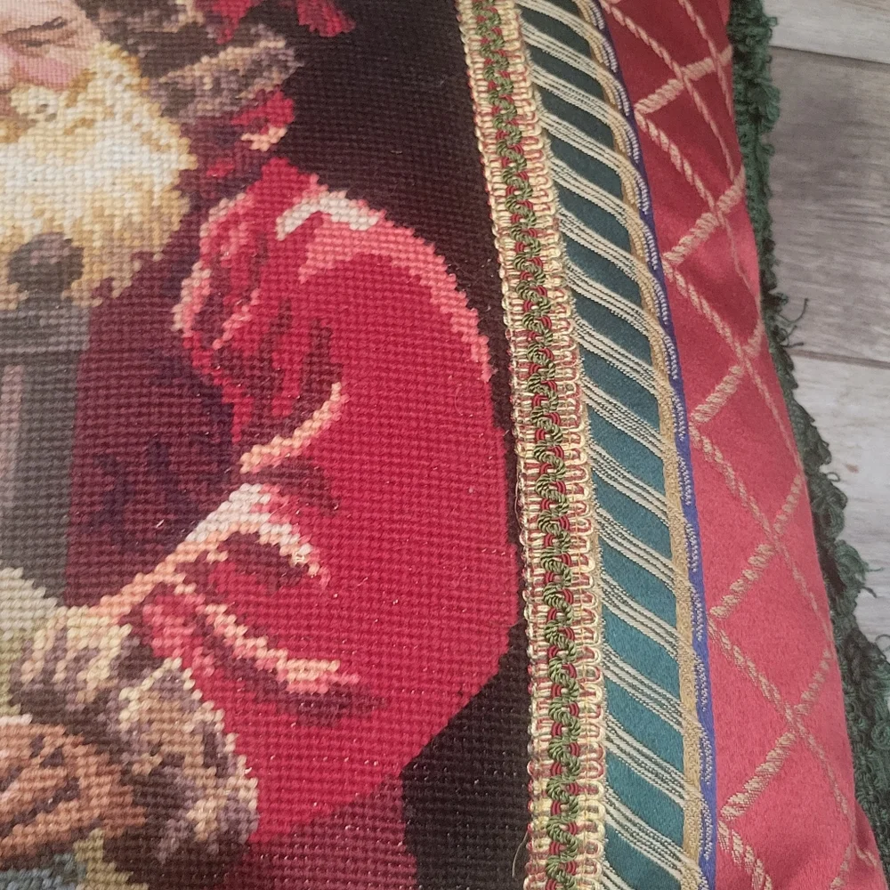 Vintage Santa Claus with Dolls Large needpoint pillow very full velvet backing